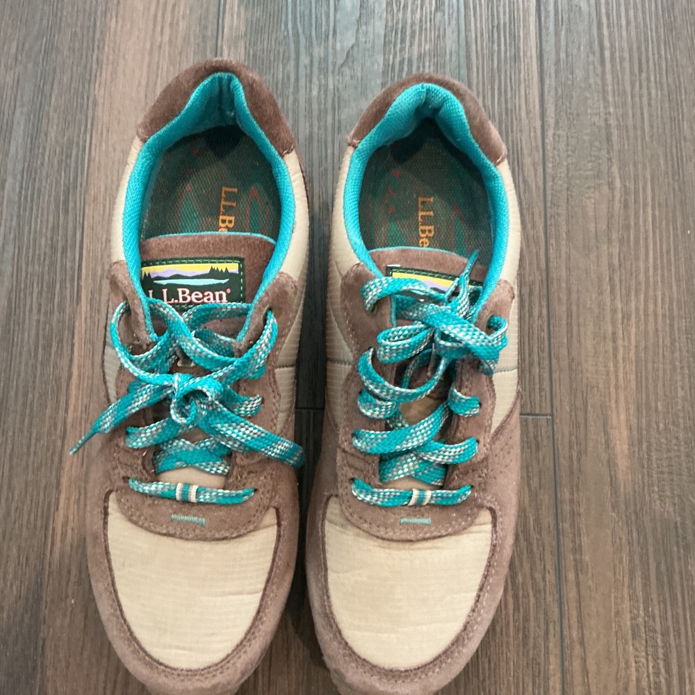 LL Bean Retro Trail Sneakers Brown Tan Turquoise Suede Ripstop 7.5 Hiking Shoes